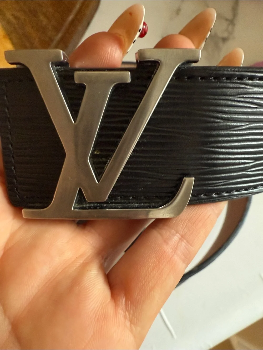 Louis Vuitton Black Epi Leather Belt with Silver LV Buckle